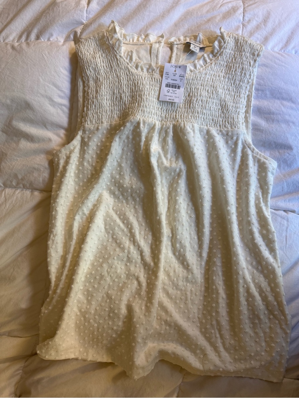 J. Crew Cream Swiss Dot Smocked Tank with Ruffle Neck